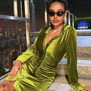 Green Elegant Long Sleeve Ruched Button Front Dress